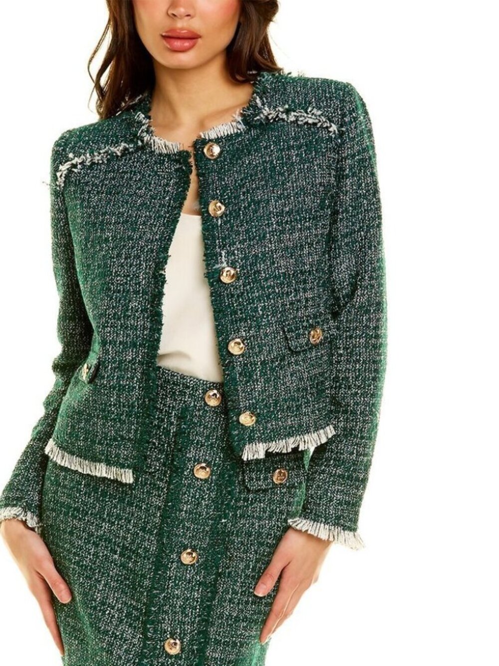 Walter Baker Green Meadow Tweed Isla Blazer Jacket Women's XS Crop Fringe Trim